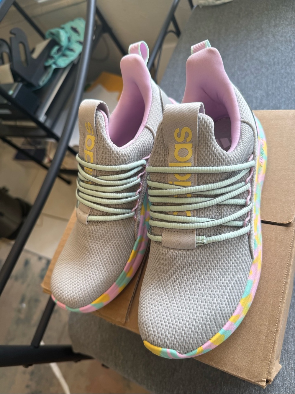 adidas Kids Sneakers Gray with Pastel Pink, Mint & Yellow Accents